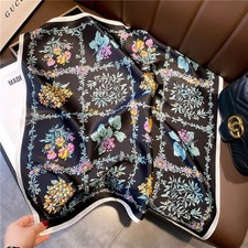 100 Silk Scarf Women Black Check Flower Kerchief Square Bandana Wrap 68 68cm