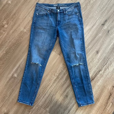 Mossimo Women Jeans 14R Blue Cotton Polyester Mid-Rise Skinny Distressed Knee