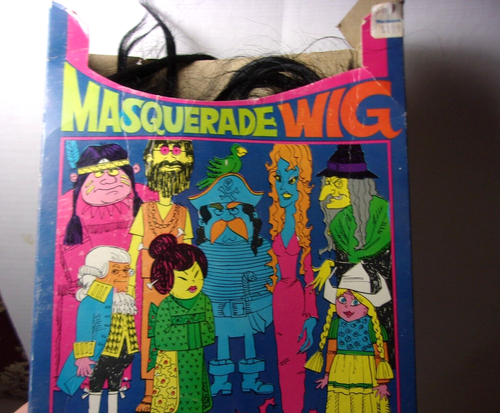 1960s vintage Halloween MASQUERADE WIG box with cartoon characters in colorful costumes on a striped background.
