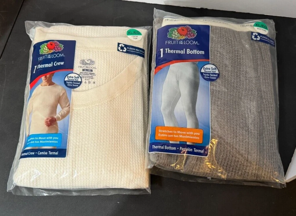 Fruit of the Loom Lot of 2 1 Top 1 Bottom Thermal Waffle Weave Natural/Grey XL