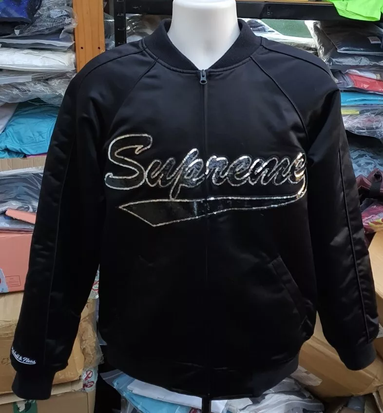 FW21 Supreme Mitchell & Ness logo varsity jacket black medium satin sequin logo