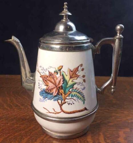 Antique Manning Bowman Pewter Enamel Graniteware Coffee Pot Pitcher Hinged Lid - Picture 1 of 11