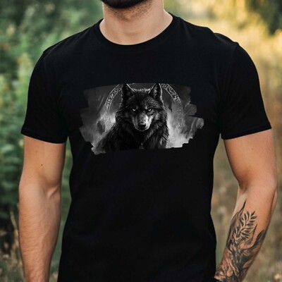 Mens Wolf Rune Print Cotton T-Shirt Size XS to 5XL