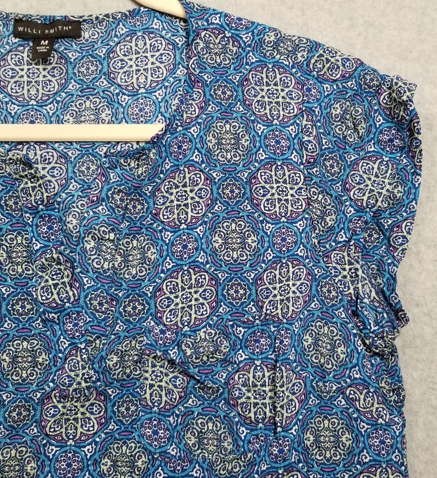 Blusa Willi Smith Top Mujer Mediana M Azul Púrpura Geométrica Manga Corta Rayón Foto 3 de 4
