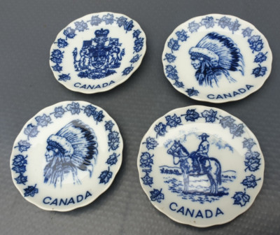 4x CANADA Tellerchen Teebeutelablage Porzellan blau weiß GIFTCRAFT 7,9 cm Ø