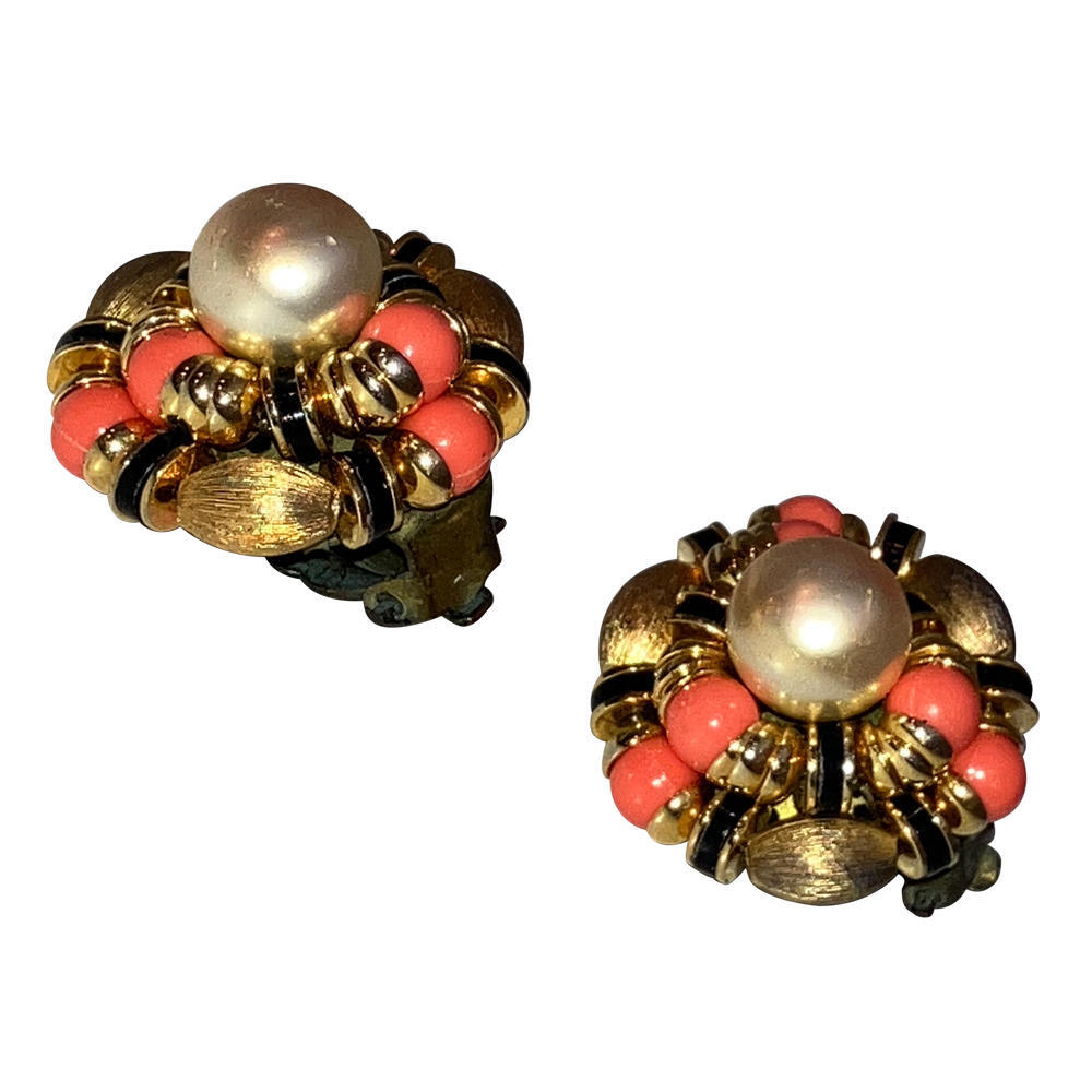Francoise Montague French Pink Black and Pearl Earrings View 2