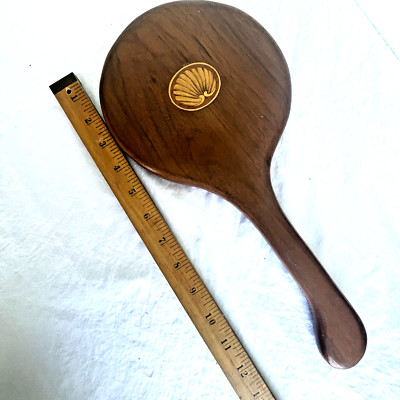 Large Wooden with Inlay  Curved Handle Hand Mirror 14'' Displays Beautifully