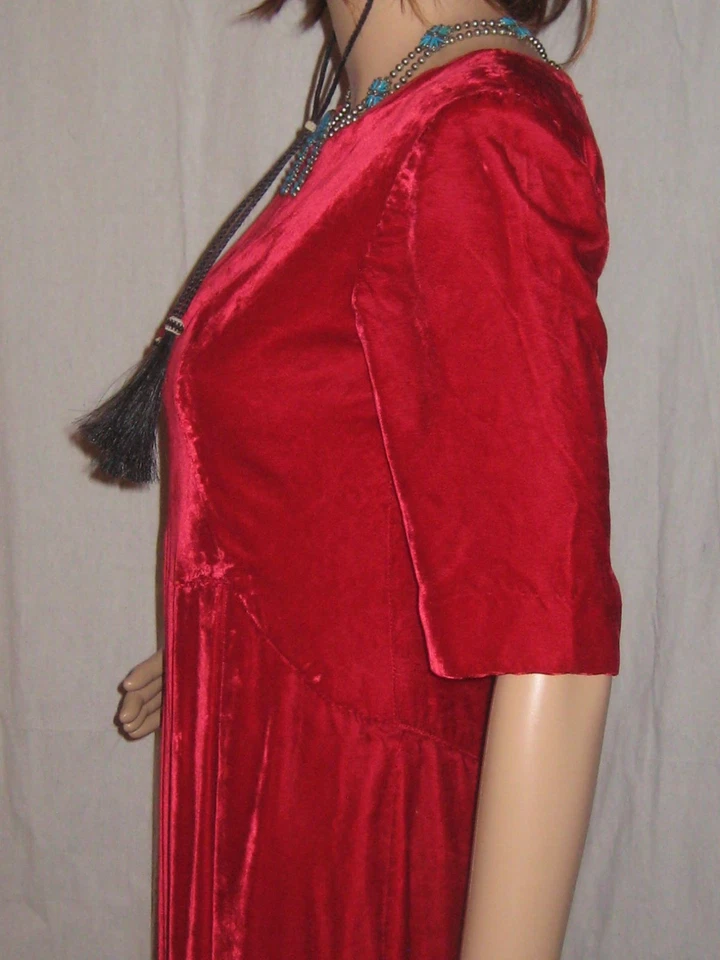 Maxi Vestido Vintage Terciopelo Años 70 Hecho a Mano Rojo Carmesí Manga Corta Columna Pequeño Foto 4 de 4