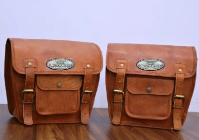 11''X9'' Saddlebags Motorcycle Pouch Brown Leather Two Bags Panniers Saddle Bag