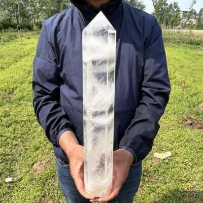 Top7.26LBNatural Clear quartz Point Quartz Crystal Obelisk wand Tower send stand