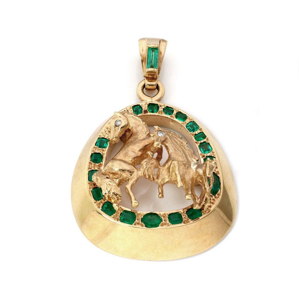 Emerald & Diamond Horse Pendant 3D Fancy 18k Yell… - image 1