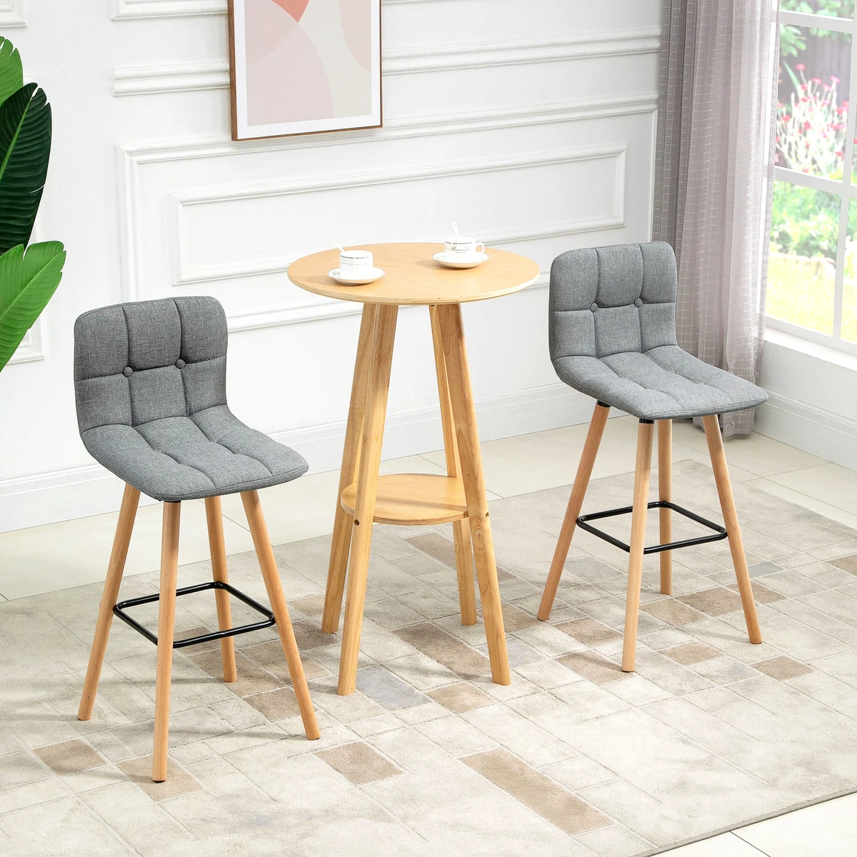 Bar stool Set of 2 Armless Button Tufted Counter Chairs Wood Legs