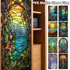 Stained Colorful Tropical Plant Flower Sunrise PVC Window Glass Sticker Decor