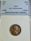 1922 No D Lincoln Cent Strong Reverse NNC VG BN Key Date *NO RESERVE*