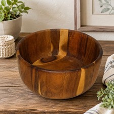 Round Wooden Serving Bowl, Brown Striped Pattern, One-Piece Set