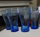 Set of 4 Coca Cola Cobalt Blue 6" Tall Drinking Glasses McDonalds Promo Vintage