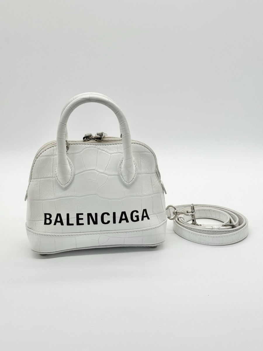Balenciaga White Crocodile Ville Top Handle Bag with Black Letters