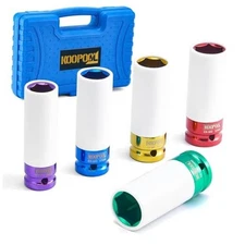 1/2" Drive 5pc Impact Lug Nut Socket Set, Metric 15-17-19-21-22 mm, Thin Blue