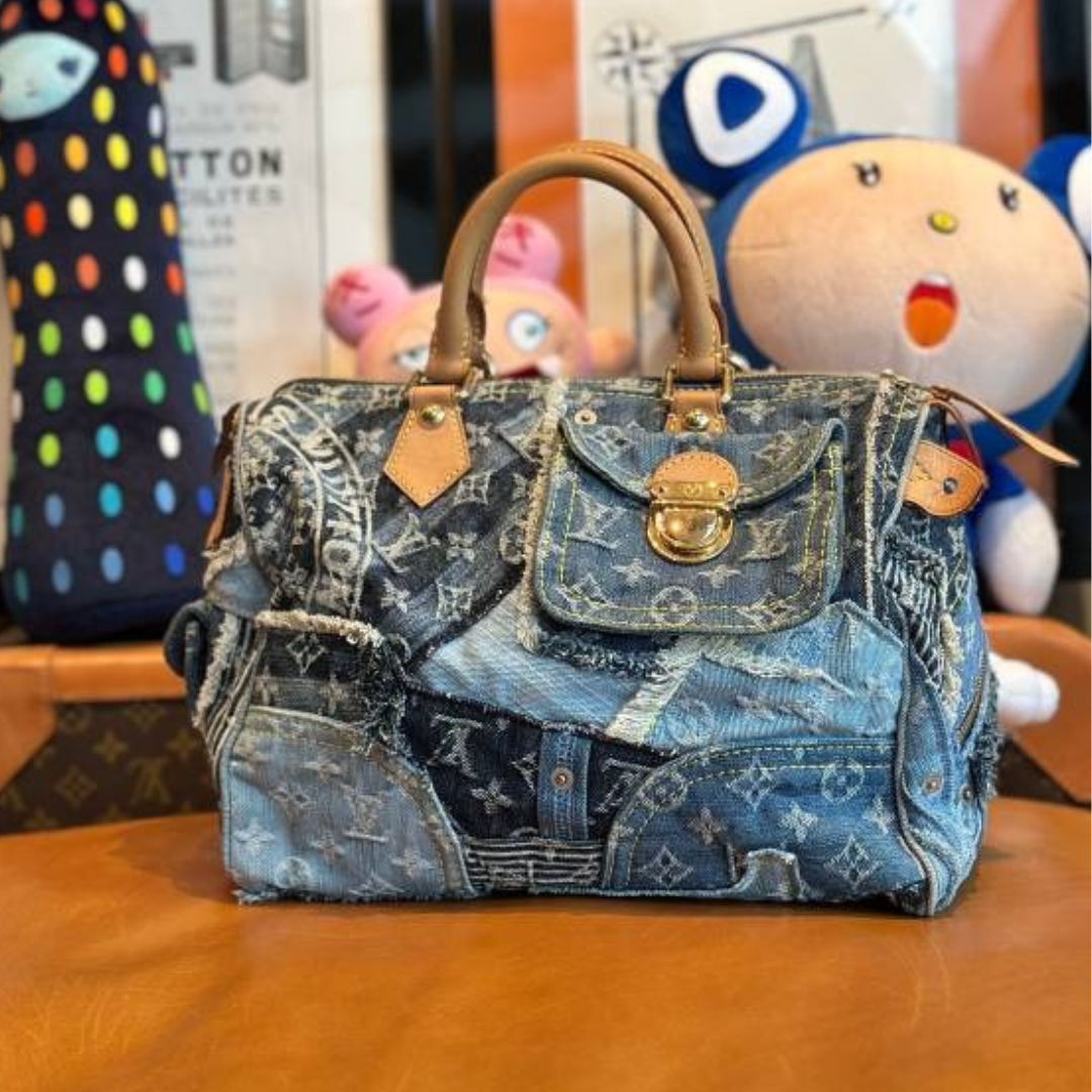 LOUIS VUITTON M95380 Monogram Denim Patchwork Speedy 30 Bag Blue