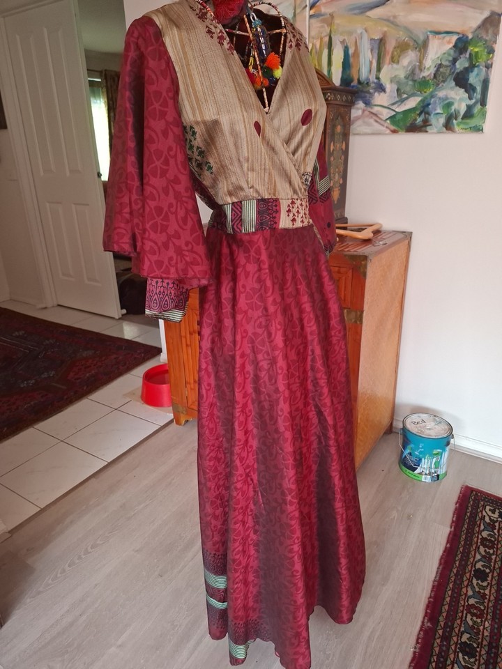 Boho Patchwork Wrap Maxi Dress Size 14–16 Burgundy Bell Sleeves Lined