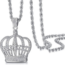 Mens Silver Iced Out King Crown Necklace, Stainless Steel Hip Hop Jewelry, Ice B