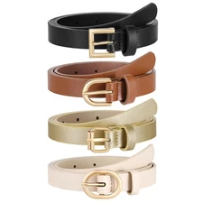4 Pack Women Skinny Leather Belt for Dresses with Gold Buckle Ladies Thin Wai...