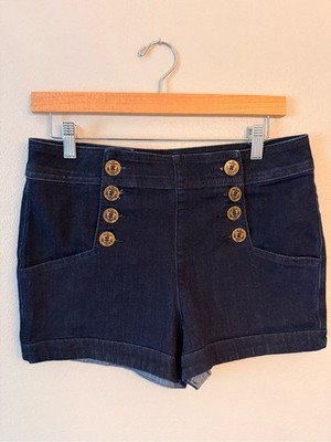 Express navy denim High-Waist Sailor Button Shorts cruise vacation nautical