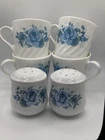 Corning Ware Corelle Blue Velvet Rose Coffee 4 Vtg Cups 8 Oz  & S&P shakers Set