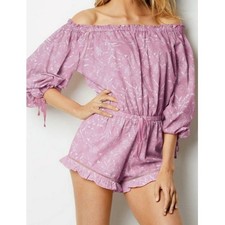 VTG Victorias Secret Off The Shoulder Floral Romper XS Pink Ruffle Coquette Bow