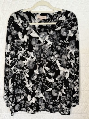 Philosophy blouse Top Gray black floral size 2X women long sleeve