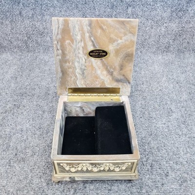 Vintage Incolay Stone Composite Jewelry Box Cherub Angels & Floral