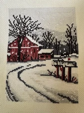 Barn Winter Cross Stitch 5x7” Picture Handmade Unframed  9x12” Canvas