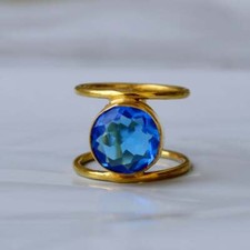 Round Cut Blue Quartz Sterling Silver Yellow Gold Plated Handmade Gift Ring