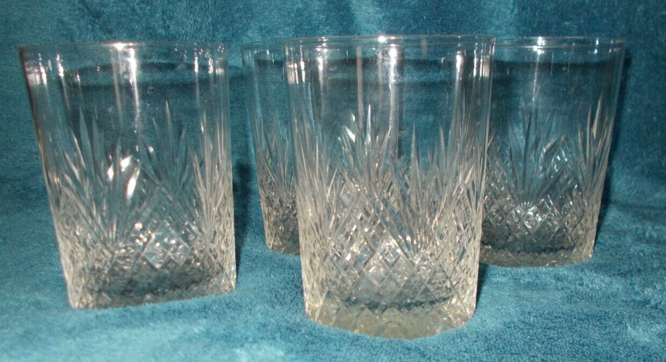 Set of 4 Vintage Crystal Etched Hi Ball Tumbler Glasses Starburst Lines