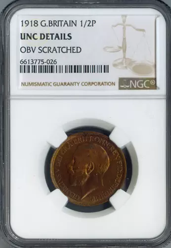 1918 Great Britain Half Penny 1/2P NGC UNC DETAIL QUALITY✔️