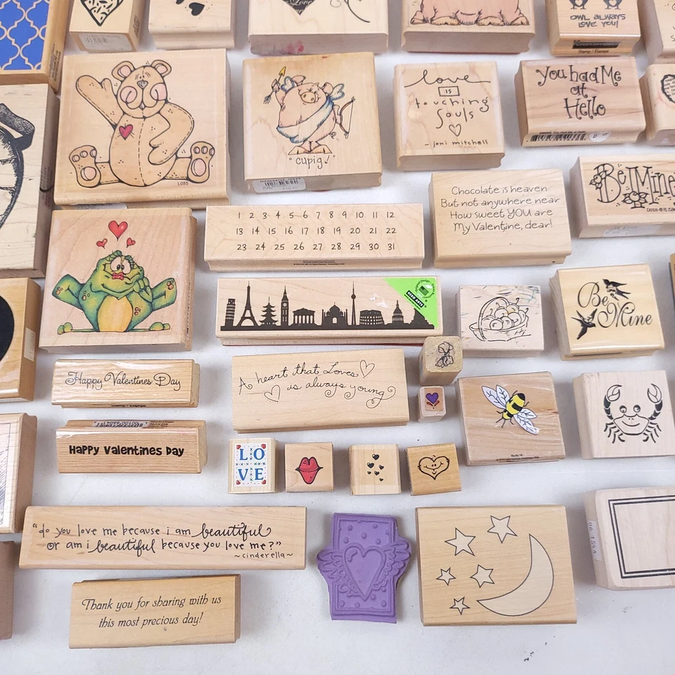 Huge Lot of 85 Vintage Wood Mounted RUBBER STAMPS Various Sizes & Brands EUC - Image 4 of 4