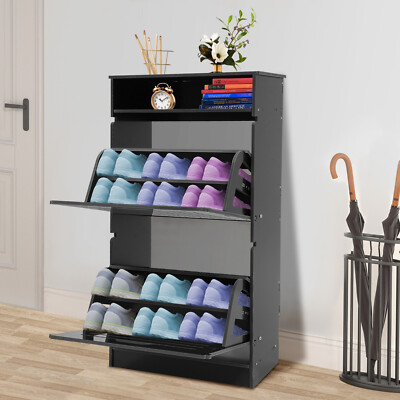 Black Narrow Shoe Storage Cabinet Flip Down Shoe Rack Shoe