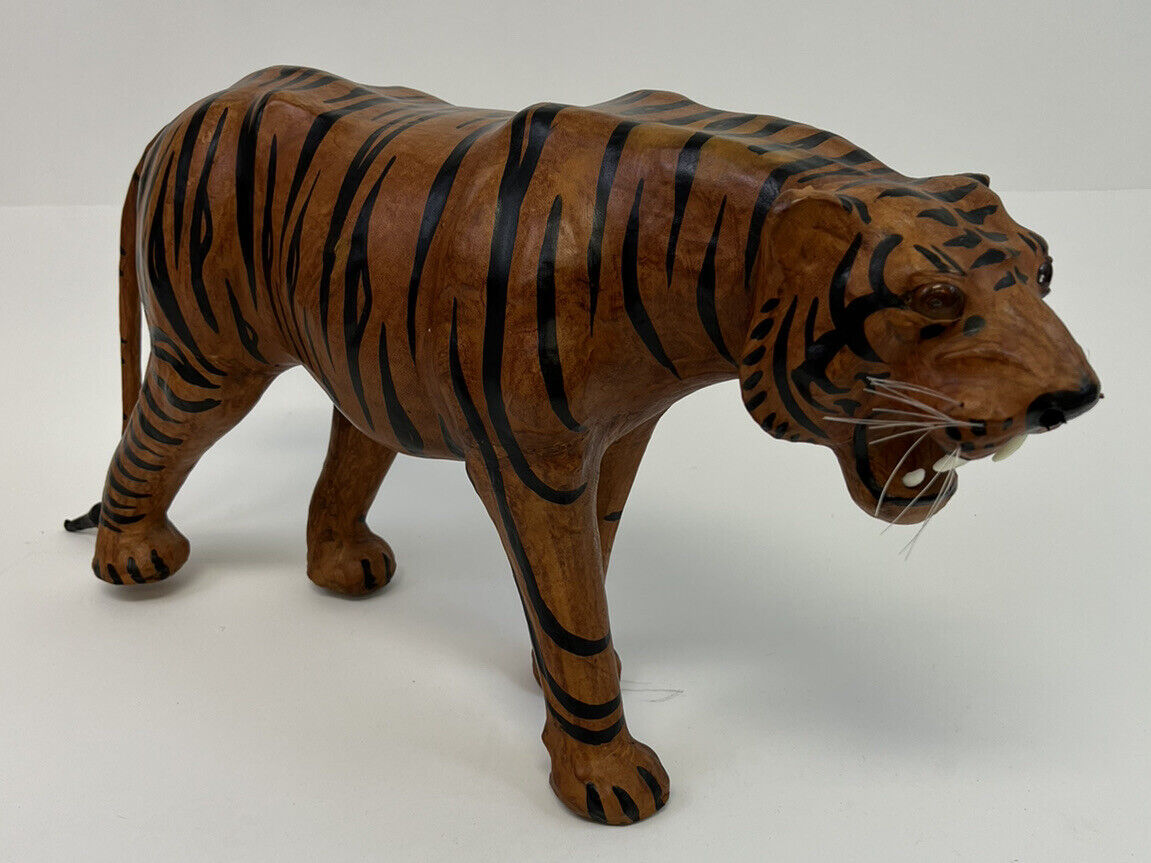 Vintage MCM Large Leather Wrapped Big Cat Tiger Statue Figure Decor