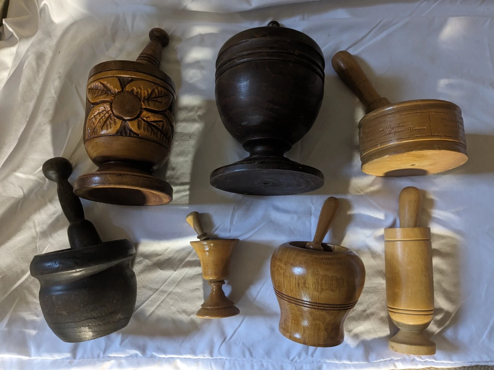 Lot of 7 Vintage Wooden Mortar & Pestle Carved Kitchen Spices Herbs