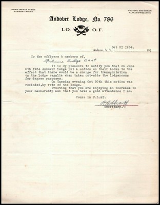 1934 Andover, N.Y. I.O.O.F. Lodge  Letter Signed Odd Fellows Visiting Brethren