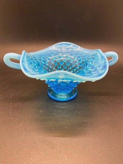 VTG Fenton Blue Opalescent Hobnail 2 Handled Bon Bon Bowl Dish Pre