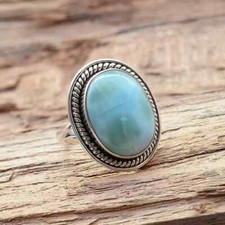 Natural Blue Larimar Oval Gemstone Ring Boho Ring 925 Sterling Silver Midi Ring
