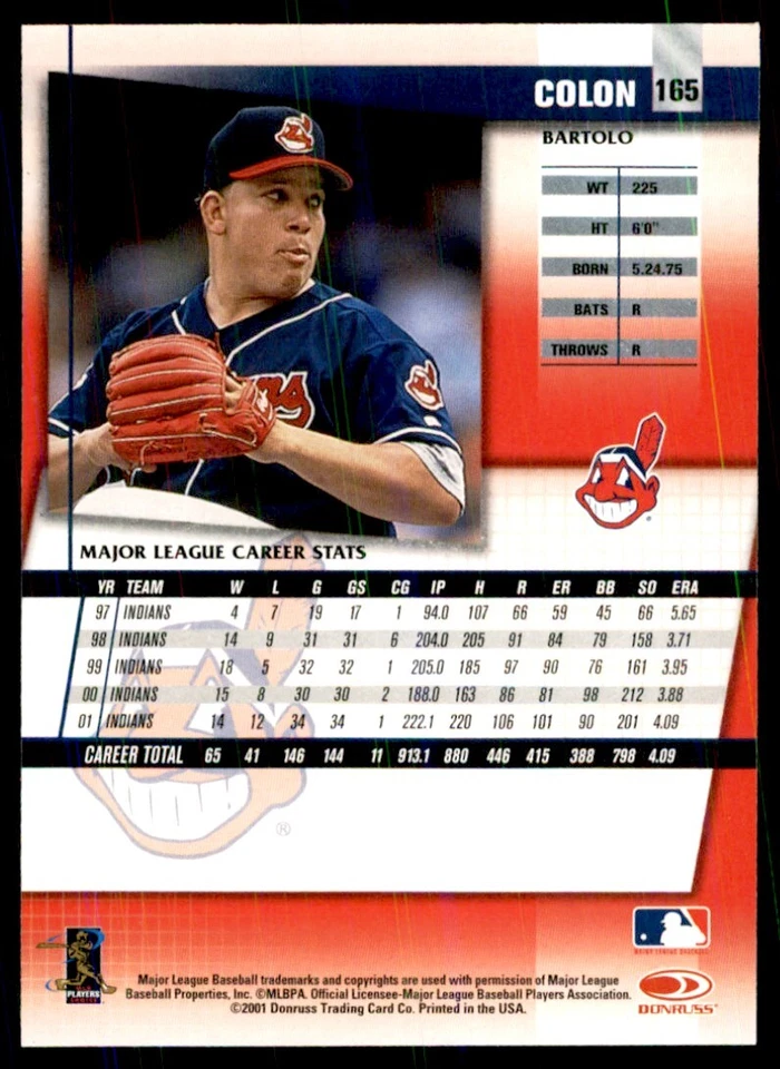 2002 DONRUSS FAN CLUB BARTOLO COLON CLEVELAND INDIANS #165 - Image 2 of 2