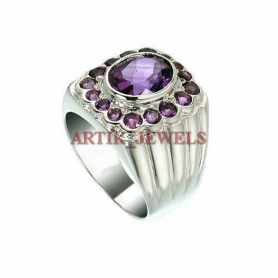 Natural Amethyst Gemstone With 14K White Gold Plated Silver Ring for Men's #2981