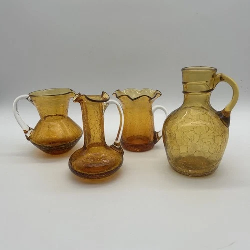 Lot Of 4 Vintage Amber Crackle Glass Mini Handled Pitcher Vase Yellow Brown