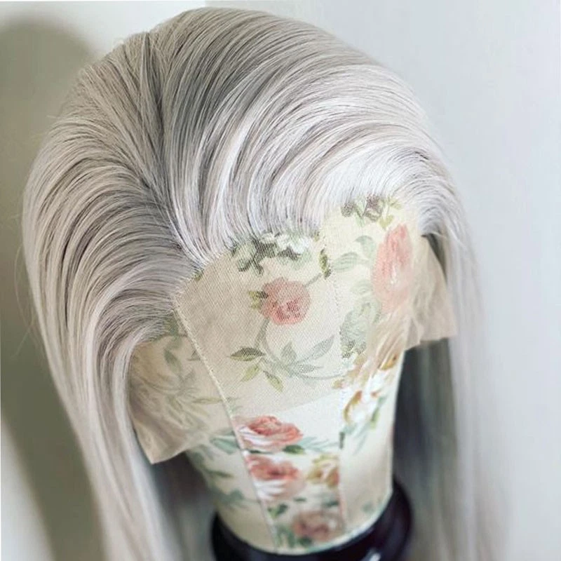Peruca frontal de renda cabelo sintético resistente ao calor longa reta branca cinza - Imagem 2 de 4