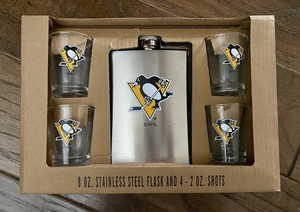 NHL Pittsburgh Penguins Stainless Steel 8oz. Flask and 4 Glass Shot Glasses