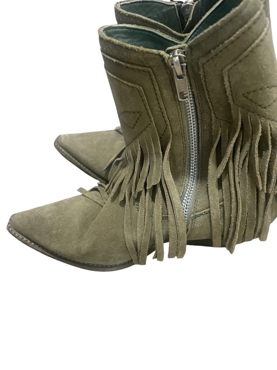 Free People Lawless Fringe Green Suede Boho Side Zip Western Boots 37.5 Festival View 5