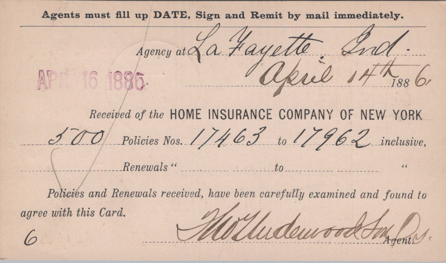 1886 Home Insurance Co Ny Lafayette In Agent 500 Policy Receipt 17463 17962 Ad