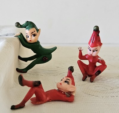 VTG Christmas Pixie Elf Elves x3. Laying, Sitting & Hanging. Rubber. Hong Kong. 